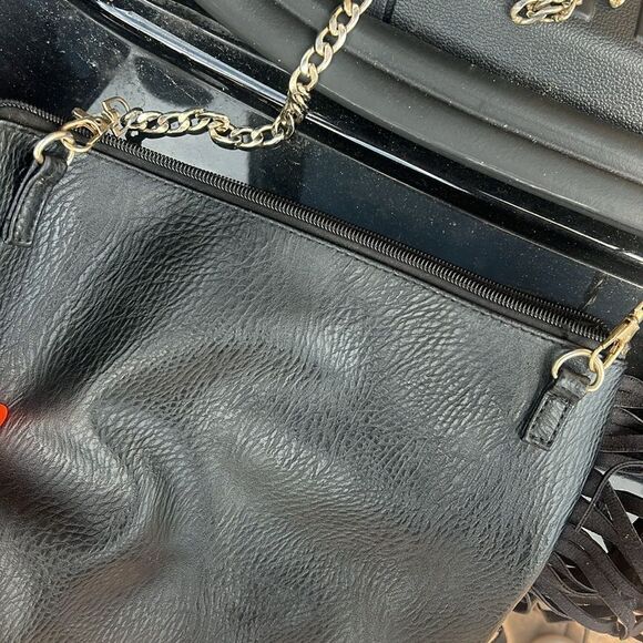 Black Leather Fringe Clutch / Crossbody Bag with Gold Chain - Zip Pocket Inside - Picture 5 of 5